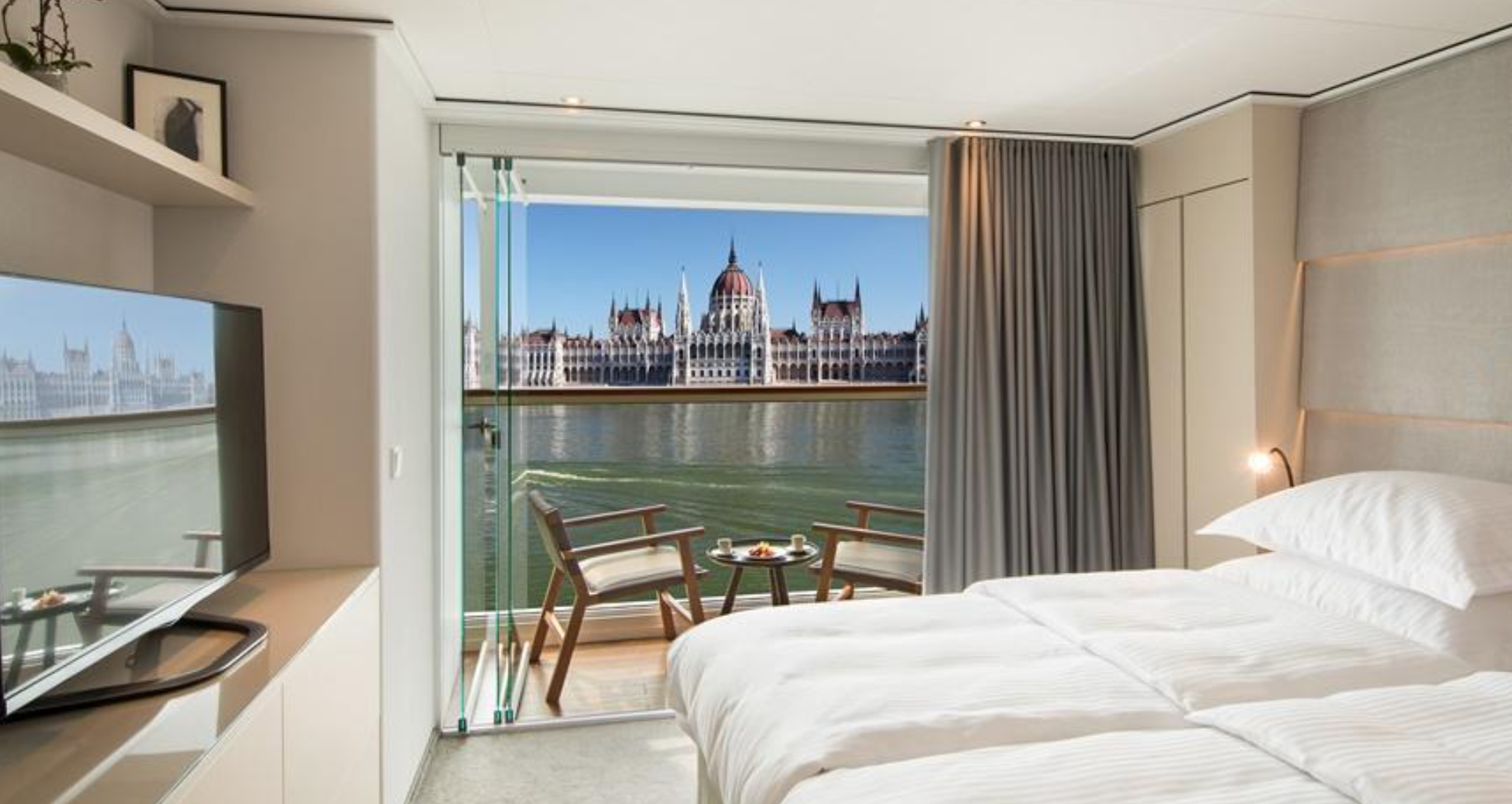 View from a river cruise ship balcony on the Danube river